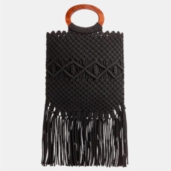 Danielle Nicole Macramé Crossbody Bag Hand-crafted in India Black Fringe - Picture 1 of 7